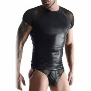 Regnes Fetish Planet Wet Look Shirt mit Netz schwarz