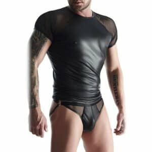 Regnes Fetish Planet Wet Look Shirt mit Mesh schwarz